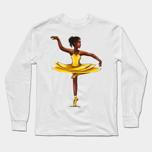 black ballerina  in yellow dress #002- brown skin ballerina. The best of the top 100 Long Sleeve T-Shirt by Artonmytee